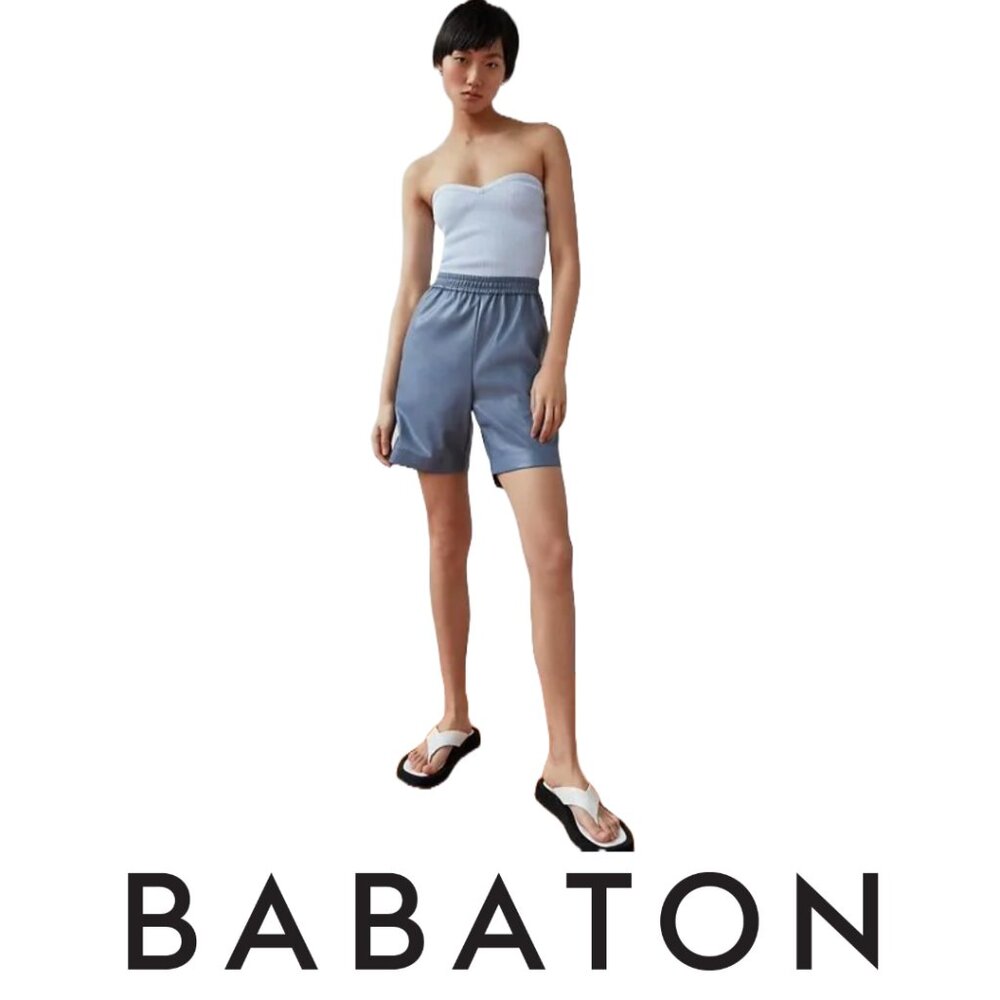 Babaton Aritzia Smith Vegan Faux Leather Shorts Dusty Blue Minimalist High Waist
